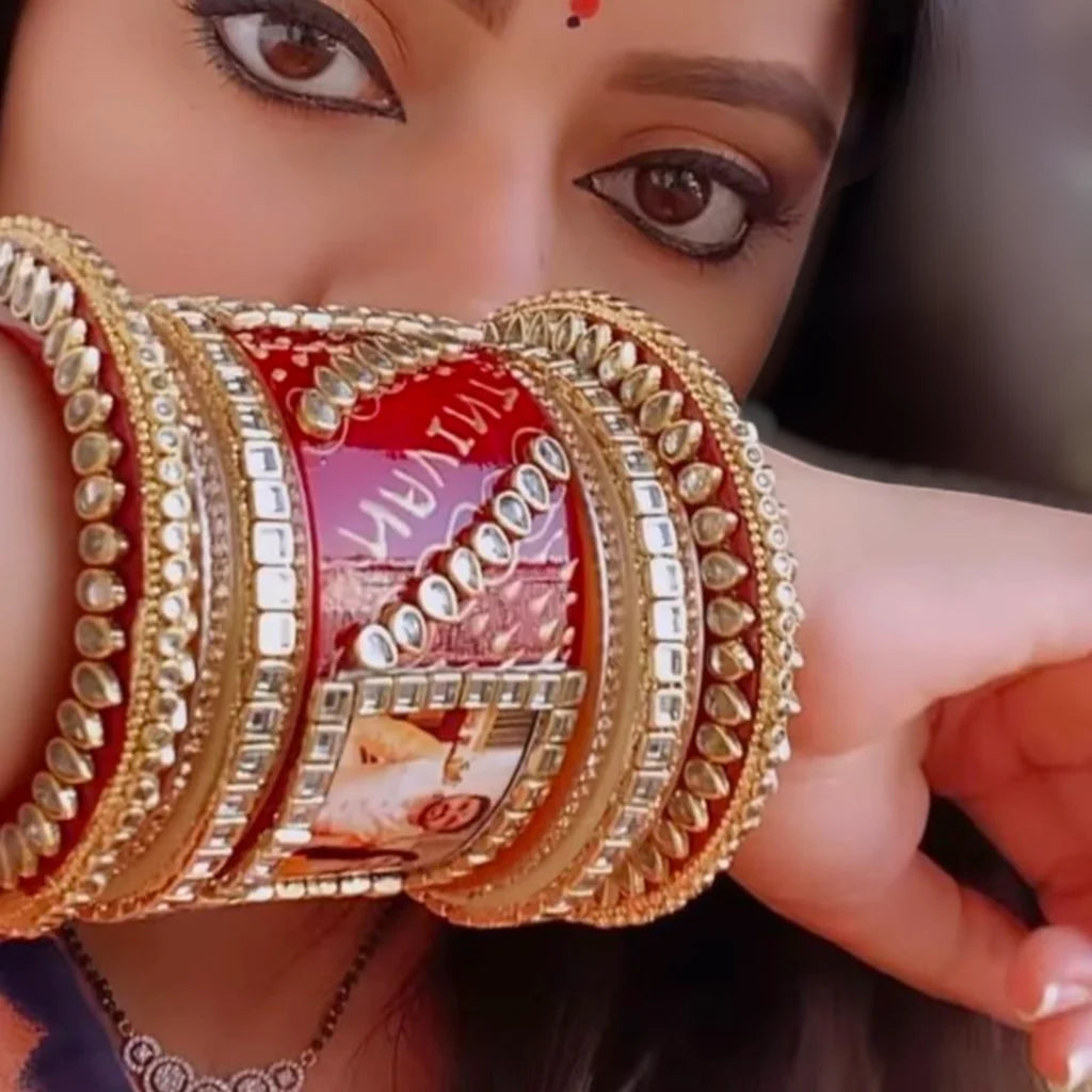 LuxuryGlow Personalized Bridal Wedding Bangles with Name & Photo – Custom Set of 18 |