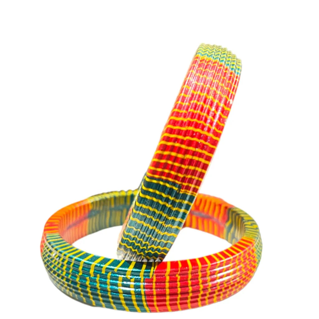 LuxuryGlow Lac Bangles  Red & Green with Yellow Stripes – Handmade Jewelry by