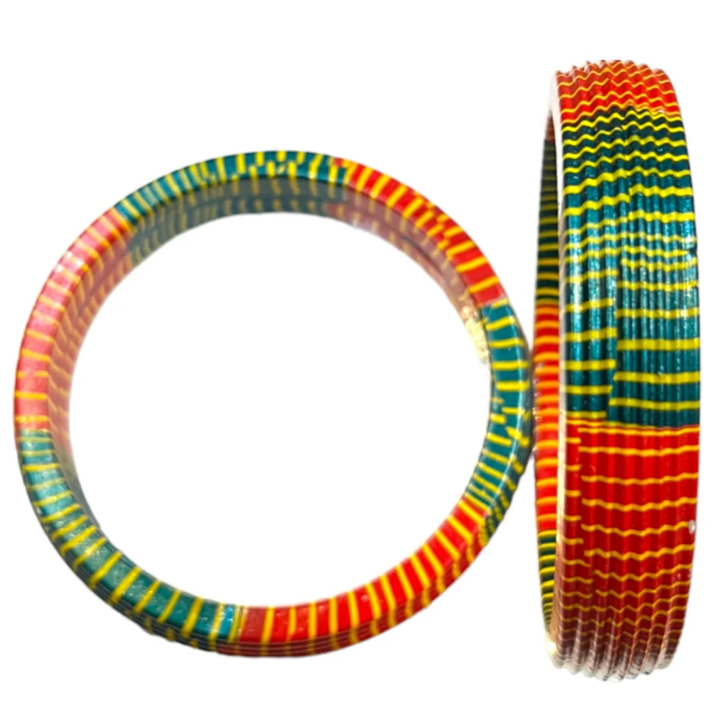 LuxuryGlow Lac Bangles  Red & Green with Yellow Stripes – Handmade Jewelry by