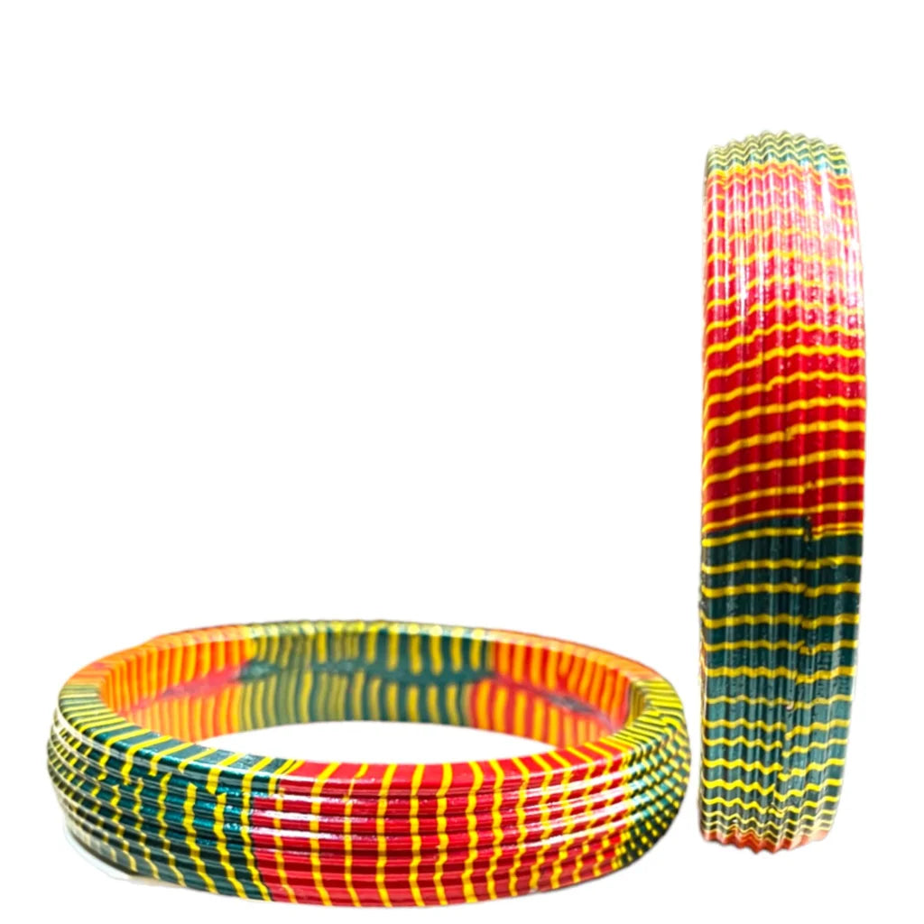 LuxuryGlow Lac Bangles  Red & Green with Yellow Stripes – Handmade Jewelry by