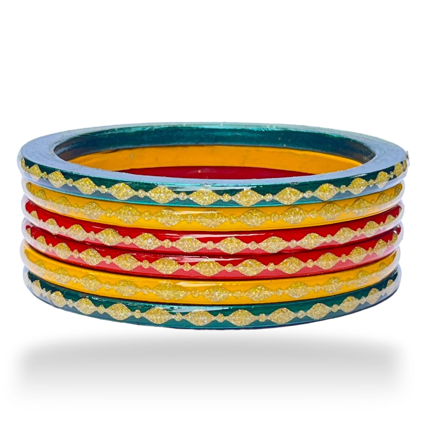 LuxuryGlow Lac Bangle Luxe  Set – Handcrafted Red, Green & Yellow Gold-Plated Bangles with AD Stones