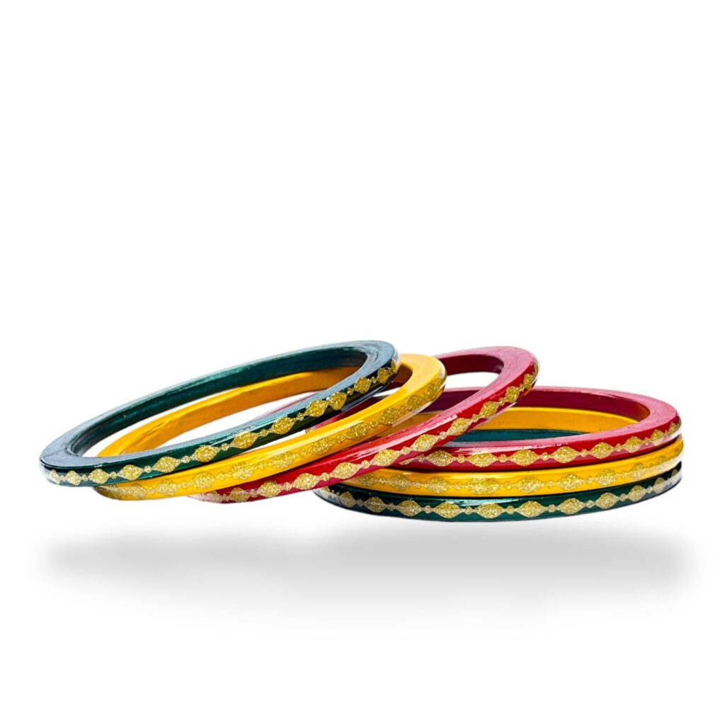 LuxuryGlow Lac Bangle Luxe  Set – Handcrafted Red, Green & Yellow Gold-Plated Bangles with AD Stones