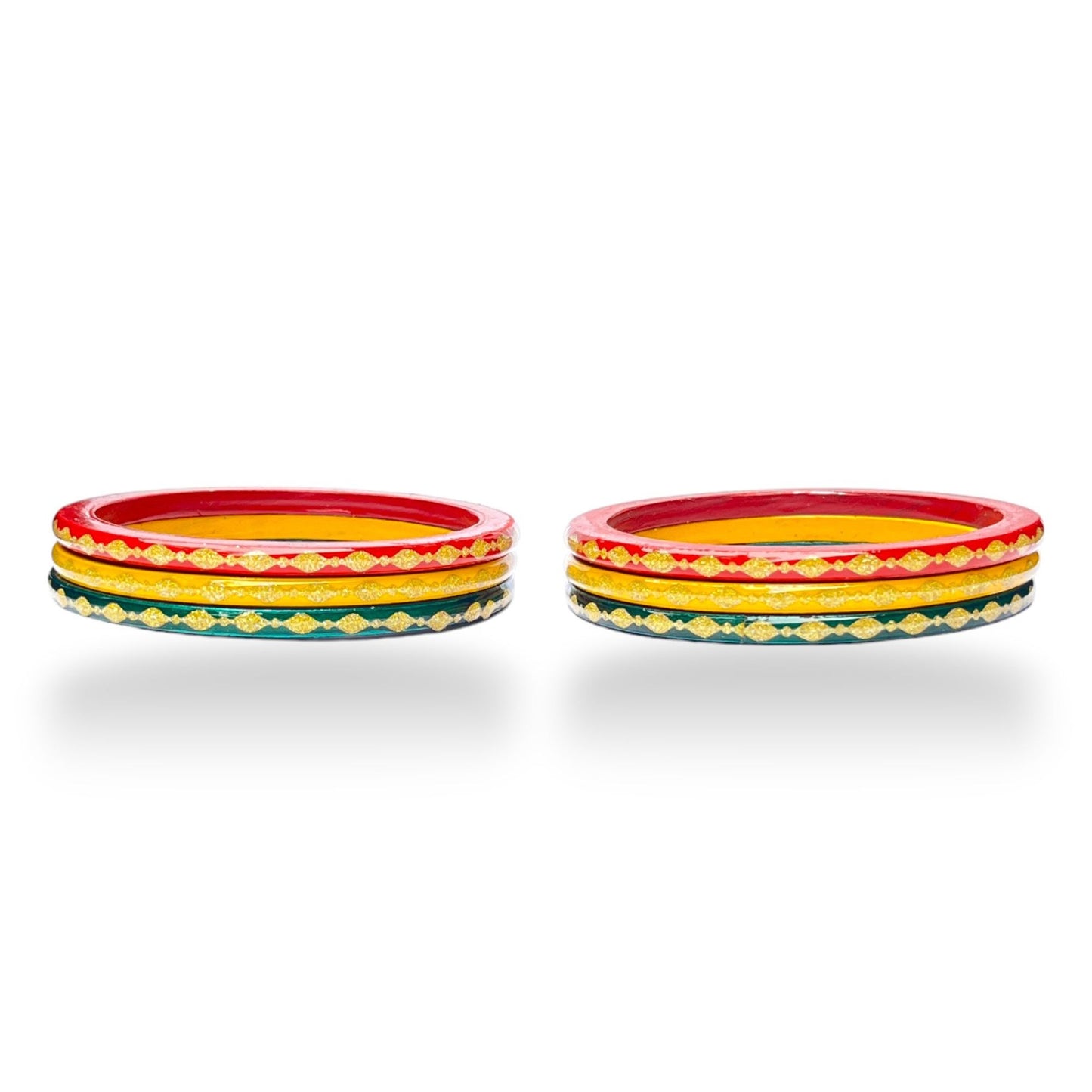 LuxuryGlow Lac Bangle Luxe  Set – Handcrafted Red, Green & Yellow Gold-Plated Bangles with AD Stones