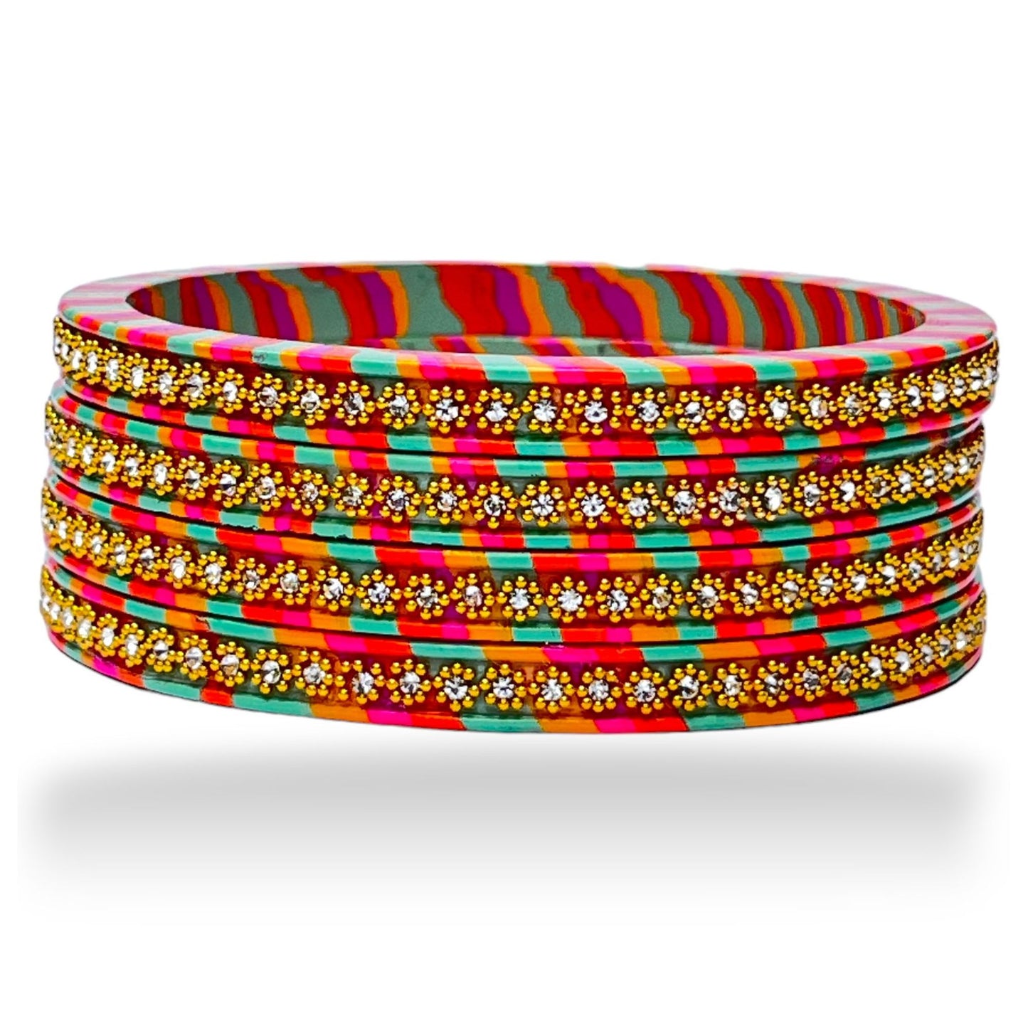 LuxuryGlow Lac Bangles  Enchanted Florals Lac Bangles – Multicolor Elegance with Golden Flower Design