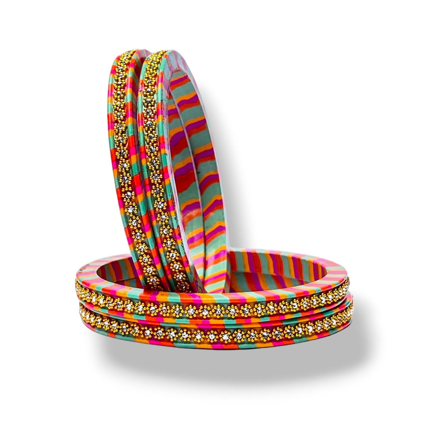 LuxuryGlow Lac Bangles  Enchanted Florals Lac Bangles – Multicolor Elegance with Golden Flower Design