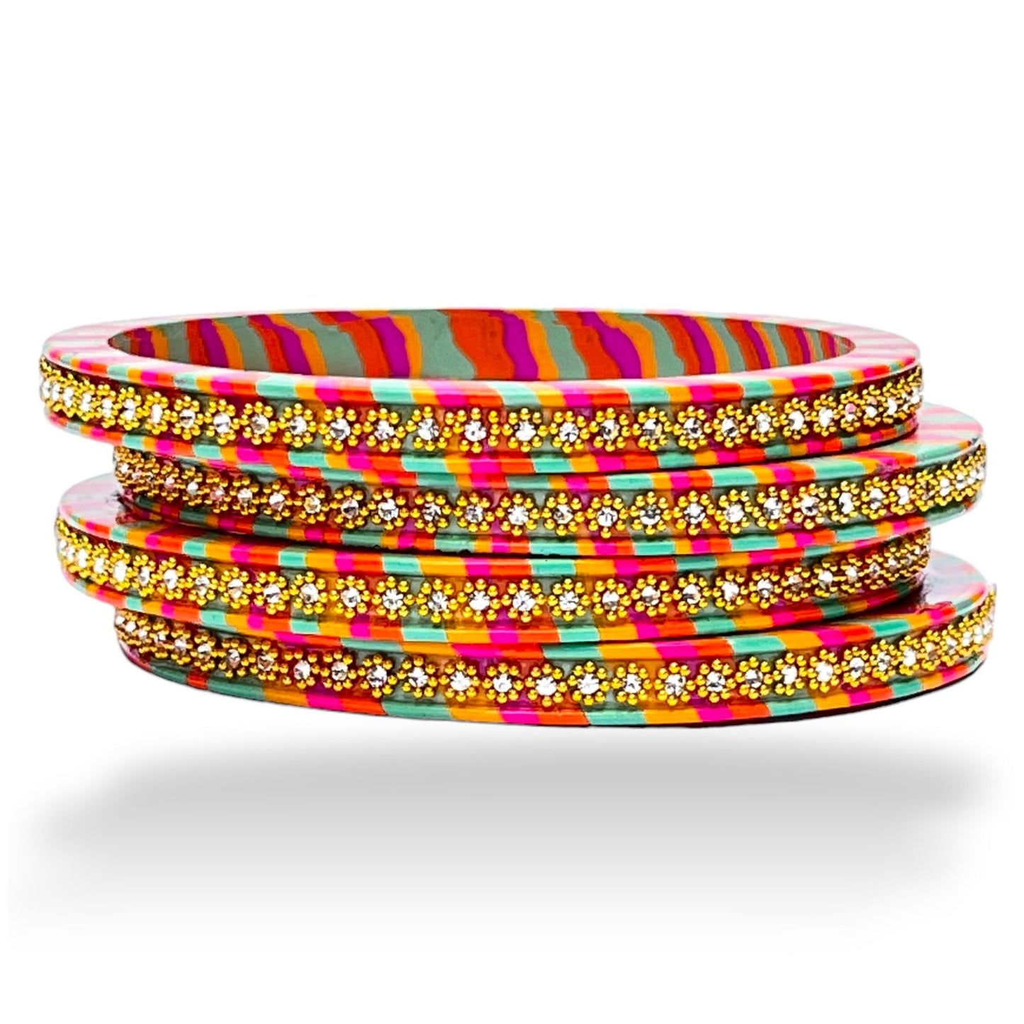 LuxuryGlow Lac Bangles  Enchanted Florals Lac Bangles – Multicolor Elegance with Golden Flower Design