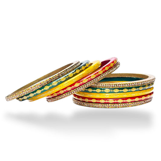 LuxuryGlow Lac Bangle Luxe  Set – Handcrafted Red, Green & Yellow Gold-Plated Bangles with AD Stones