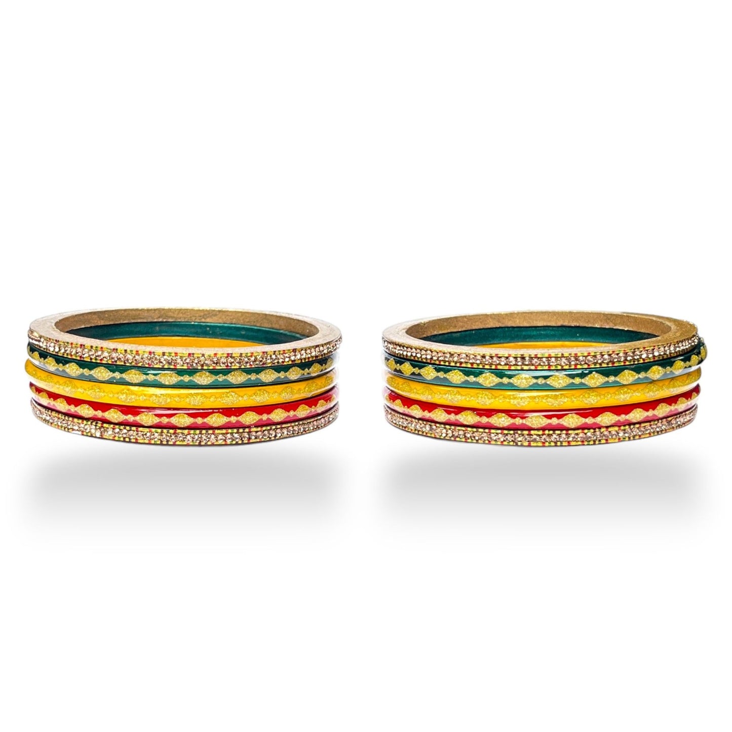 LuxuryGlow Lac Bangle Luxe  Set – Handcrafted Red, Green & Yellow Gold-Plated Bangles with AD Stones