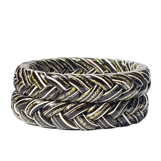 LuxuryGlow Lac Bangles Handcrafted Black Lac Bangles with Golden & White Leheriya Wave Design – Ponytail Style (2pc)