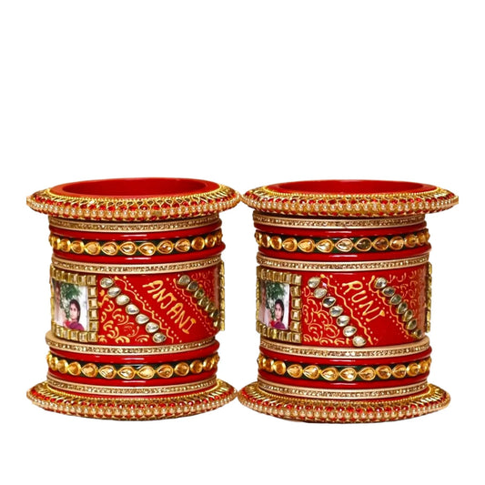 LuxuryGlow Wedding Bangles Forever Entwined – Personalized Red Lac Bangles Set with Couple’s Name & Image