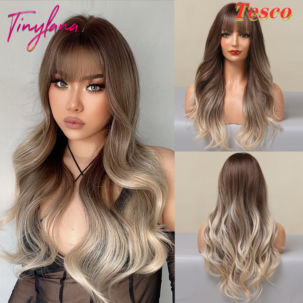باروكة شعر مستعار طويل مموج من LuxuryGlow للنساء - شعر صناعي مقاوم للحرارة مع غرة جانبية