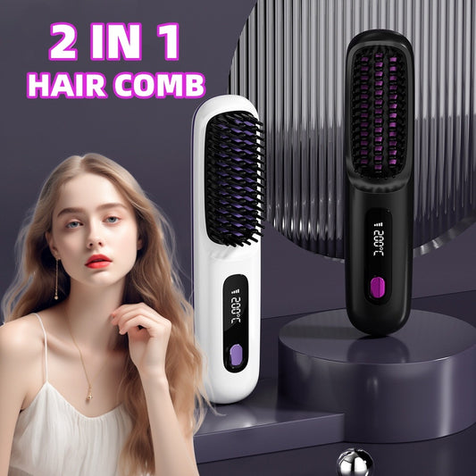 Cepillo alisador de pelo inalámbrico 2 en 1 LuxuryGlow: peine portátil con calefacción USB