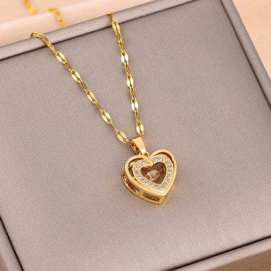 Double-layer Love Necklace With Rhinestones Titanium Steel Pendant Fashion Jewelry Woman Valentines Day Gift - LUXURY GLOW