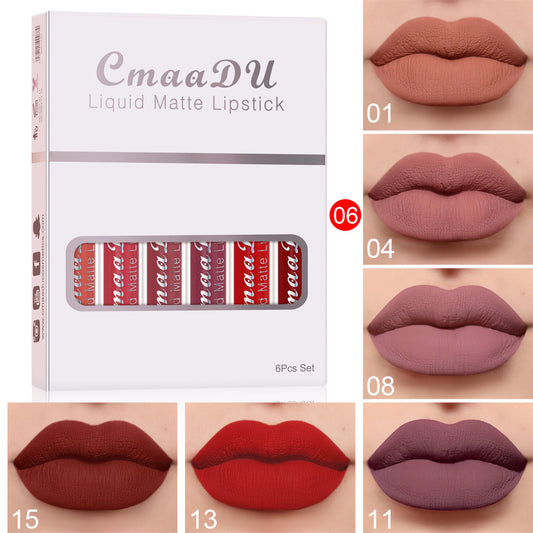 Set de 6 brillos labiales mate resistentes al agua CmaaDu: acabado duradero y antiadherente