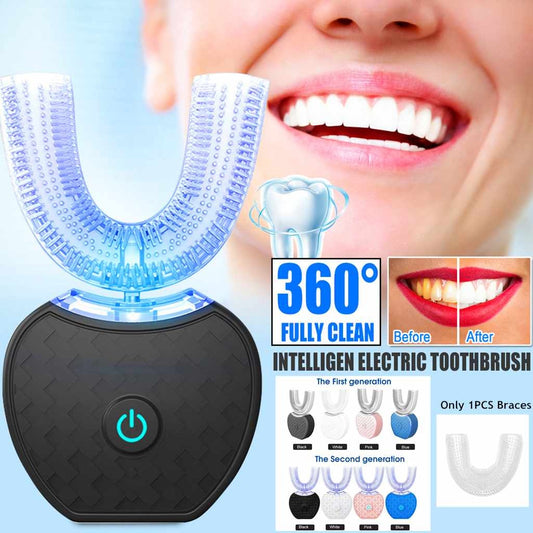 فرشاة أسنان كهربائية أوتوماتيكية LuxuryGlow 360° - على شكل حرف U، مزودة بضوء أزرق، ومقاومة للماء، وقابلة لإعادة الشحن عبر USB