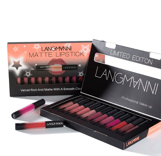 Set de labiales LANGMANNI Velvet Matte Waterproof: 12 tonos de larga duración