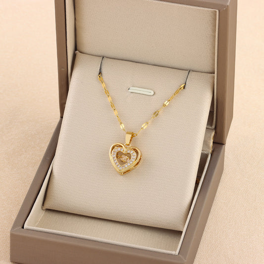 Double-layer Love Necklace With Rhinestones Titanium Steel Pendant Fashion Jewelry Woman Valentines Day Gift - LUXURY GLOW