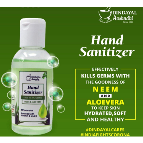 Dindayal Hand Sanitizer 200ml – 70% Alcohol Germ Protection with Neem, Aloe Vera & Vitamin E