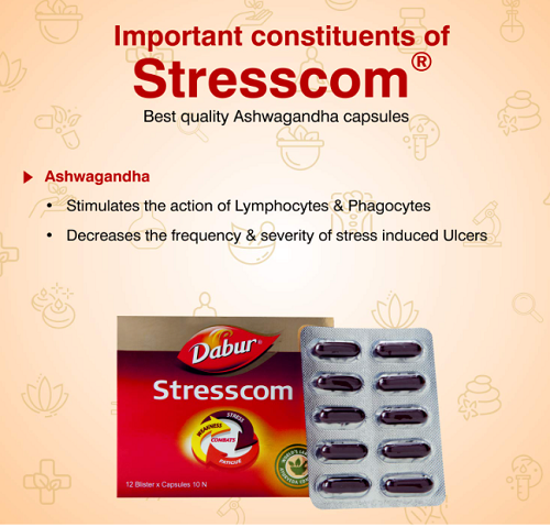 Dabur Stresscom Capsules – Ayurvedic Ashwagandha for Stress Relief, Energy & Immunity