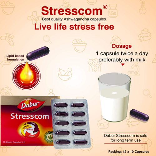 Dabur Stresscom Capsules – Ayurvedic Ashwagandha for Stress Relief, Energy & Immunity