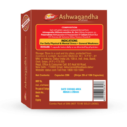 Dabur Ashwagandha Capsules (20 Capsules) – Immunity, Stress & Energy Support